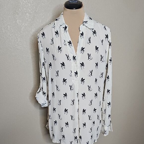 Karen Kane Black and Ivory Boston Terrier Print Top Long Sleeve Pullover Small - Picture 1 of 8